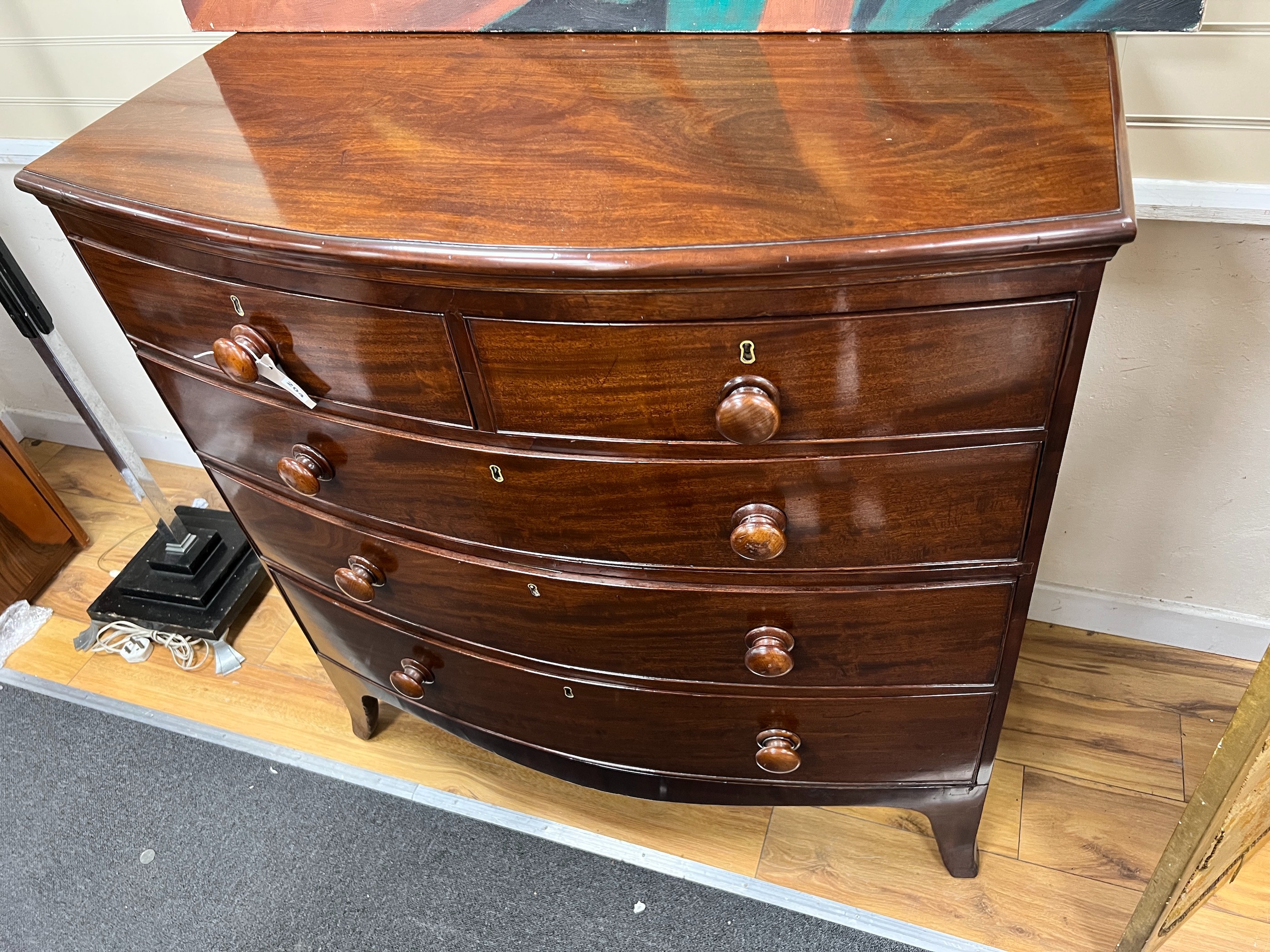 A late Regency mahogany bowfront chest, width 108cm, depth 56cm, height 108cm